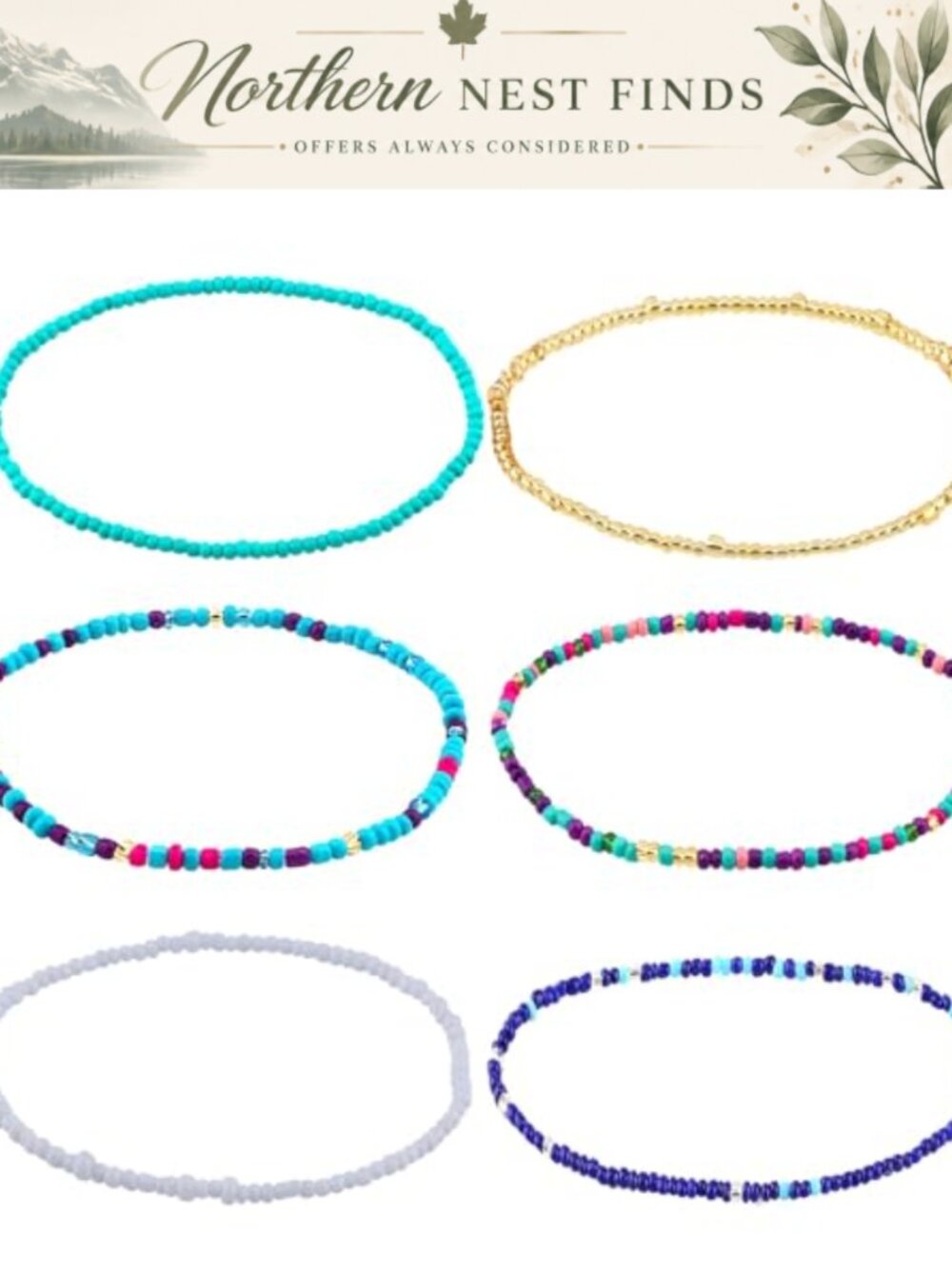 6Pc Beaded Anklets Elastic Glass Boho Beach Bracelets 8.6in